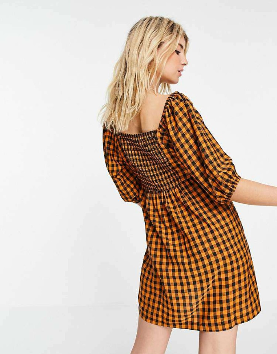 Dresses * | Wednesday'S Girl Mini Smock Dress With Puff Sleeves In Contrast Gingham For Women Rust Black Check