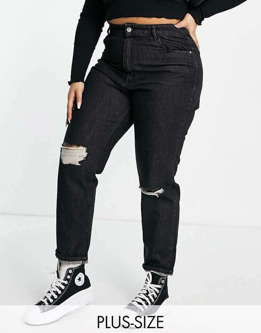 Jeans & Trousers * | Wednesday'S Girl Curve High Waist Mom Jeans With Ripped Knees In Denim For Women Black Wash