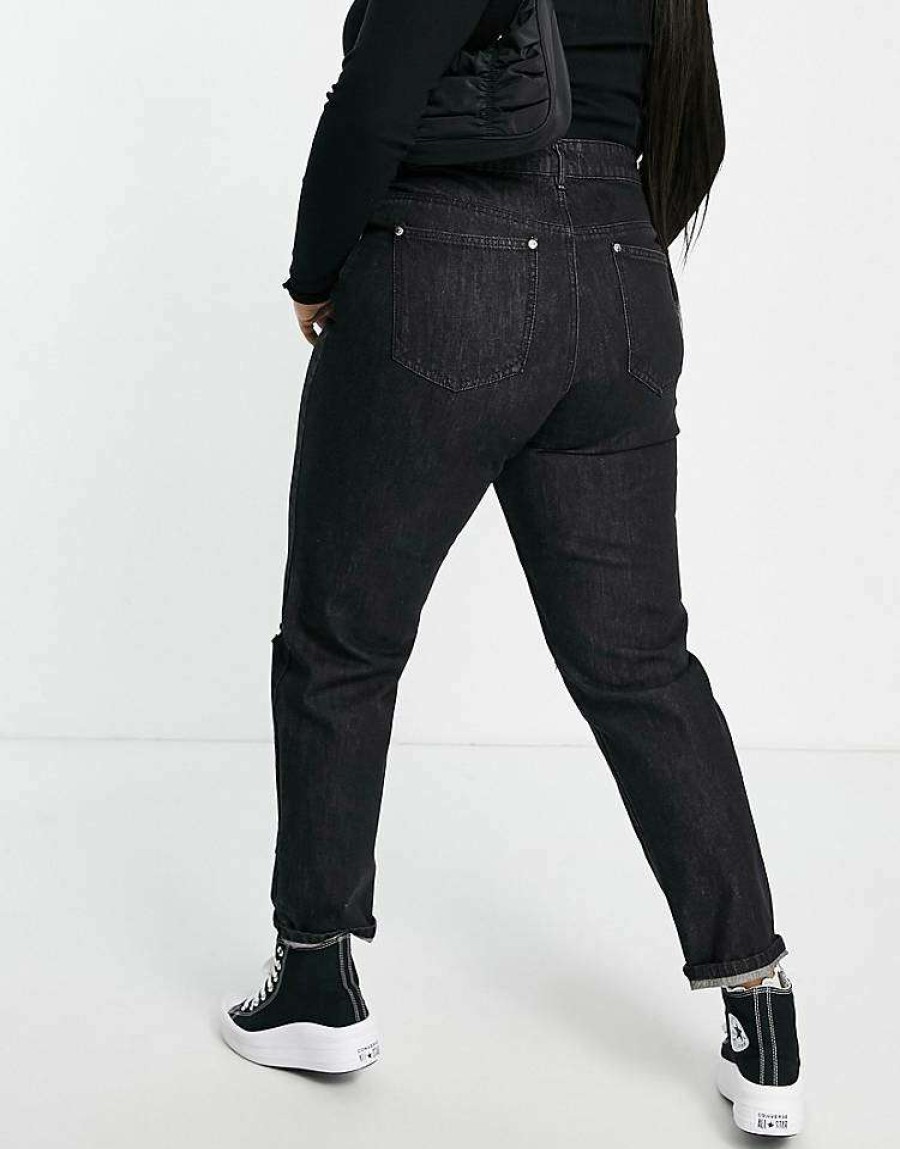 Jeans & Trousers * | Wednesday'S Girl Curve High Waist Mom Jeans With Ripped Knees In Denim For Women Black Wash