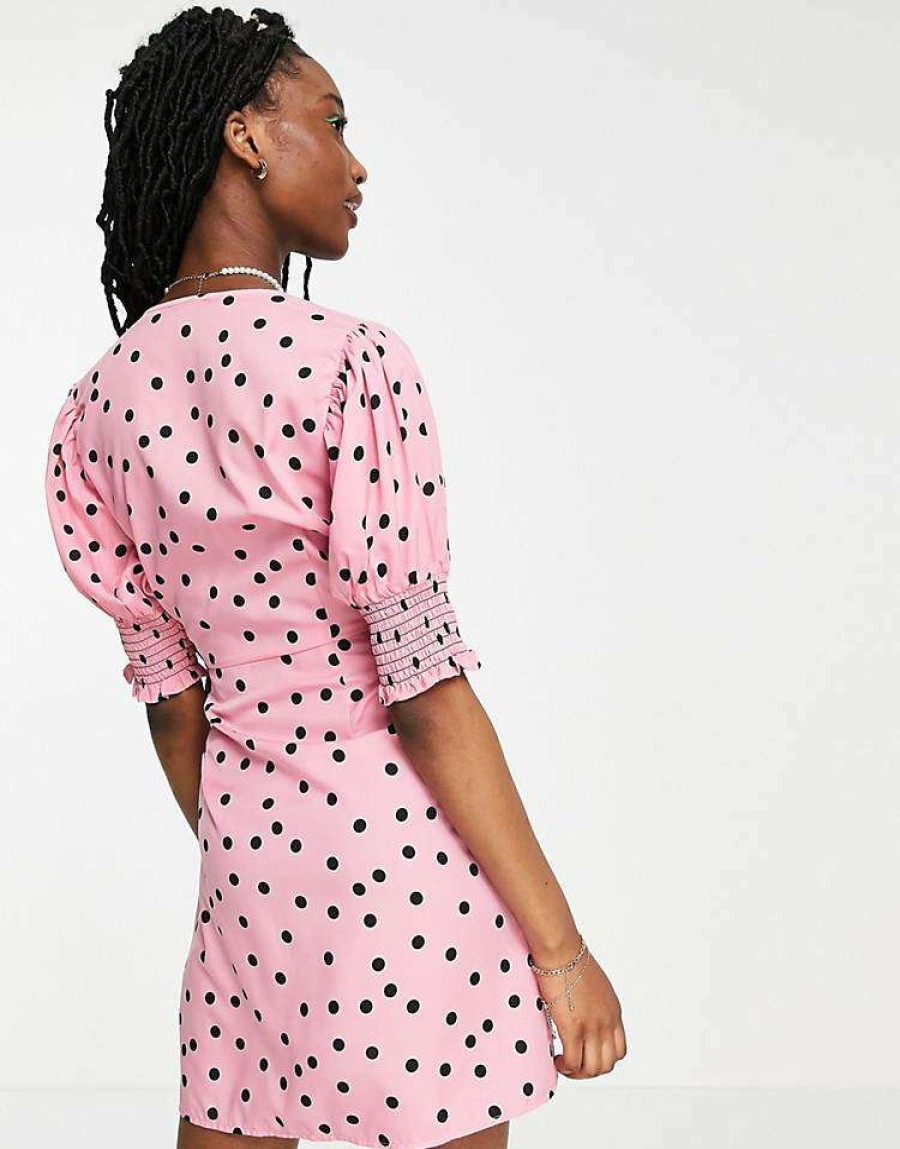 Dresses * | Wednesday'S Girl Mini Wrap Dress With Shirred Sleeves In Polka Dot For Women Pink Black Polka Dot