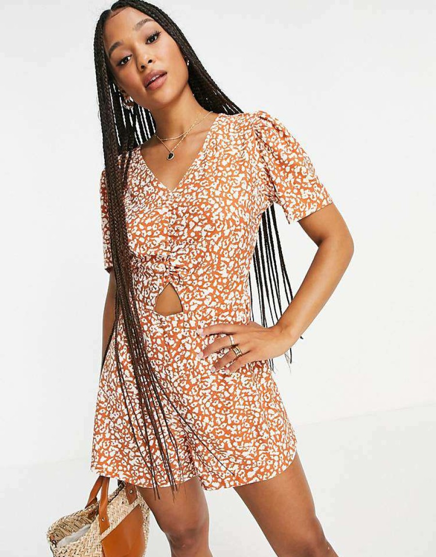 All In Ones * | Wednesday'S Girl Mini Tea Playsuit In Brown Spot For Women Brown Abstract Spot