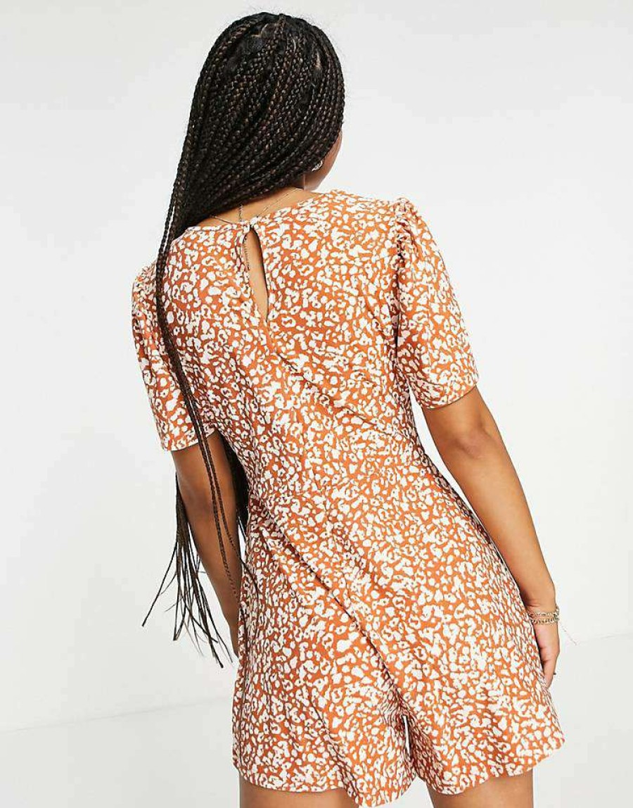 All In Ones * | Wednesday'S Girl Mini Tea Playsuit In Brown Spot For Women Brown Abstract Spot