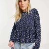 Tops * | Wednesday'S Girl Relaxed Smock Top With Peplum Hem In Ditsy Floral Print For Women Navy Floral