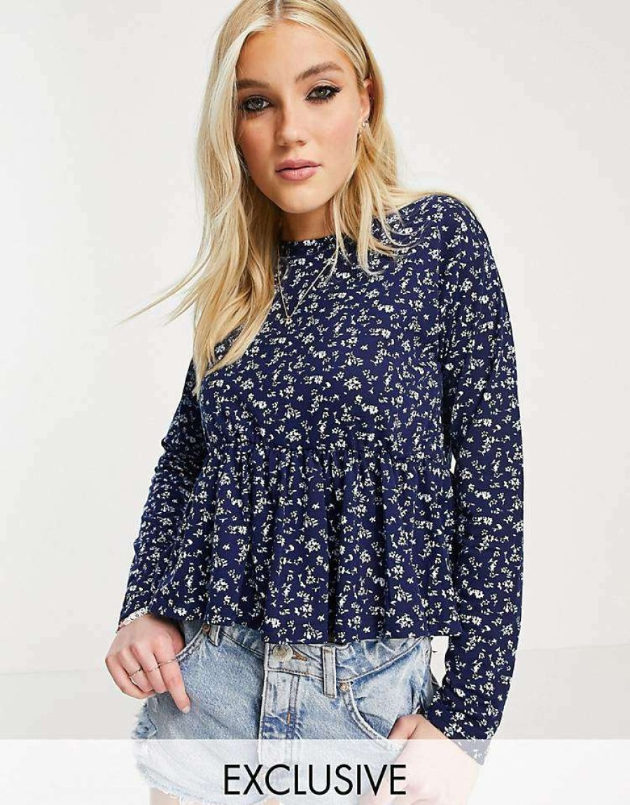 Tops * | Wednesday'S Girl Relaxed Smock Top With Peplum Hem In Ditsy Floral Print For Women Navy Floral