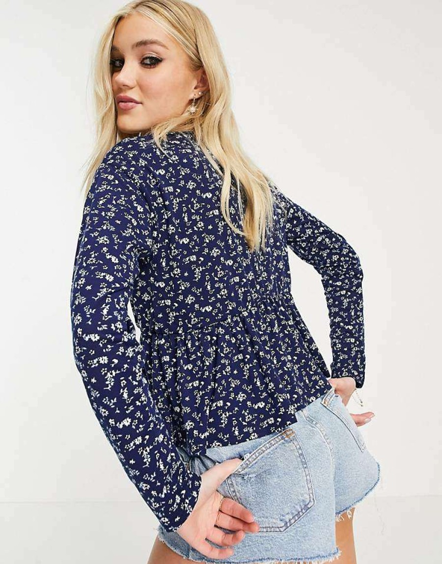 Tops * | Wednesday'S Girl Relaxed Smock Top With Peplum Hem In Ditsy Floral Print For Women Navy Floral