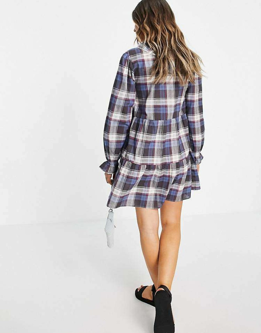 Dresses * | Wednesday'S Girl Mini Smock Dress With Tiered Skirt And Collar In Vintage Check For Women Navy Black Check