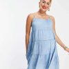 Dresses * | Wednesday'S Girl Maternity Mini Cami Dress With Tiered Skirt In Chambray For Women Light Wash Chambray