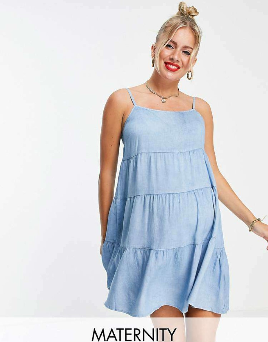 Dresses * | Wednesday'S Girl Maternity Mini Cami Dress With Tiered Skirt In Chambray For Women Light Wash Chambray