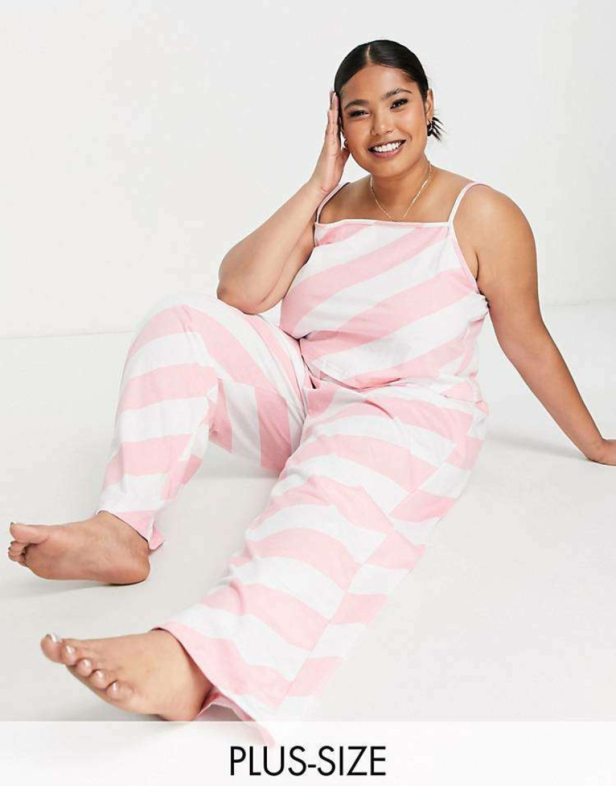 Underwear & Nightwear * | Wednesday'S Girl Curve Cami And Trousers Pyjama Set In Candy Stripe For Women Candy Pink Stripe