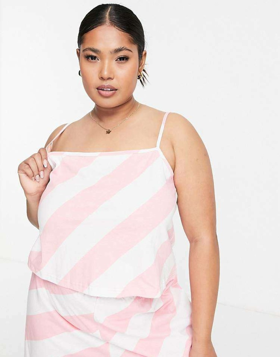 Underwear & Nightwear * | Wednesday'S Girl Curve Cami And Trousers Pyjama Set In Candy Stripe For Women Candy Pink Stripe