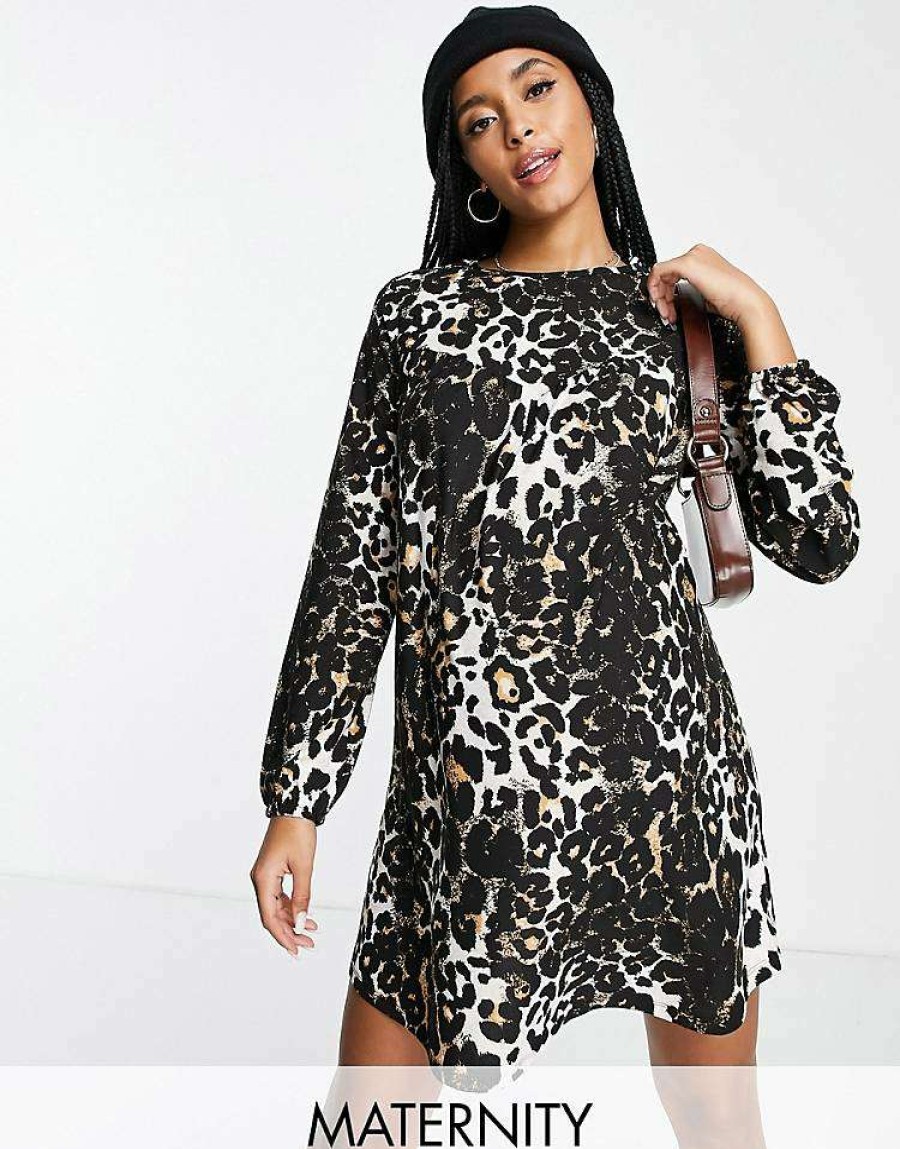 Dresses * | Wednesday'S Girl Maternity Mini Smock Dress In Grunge Leopard For Women Dark Leopard