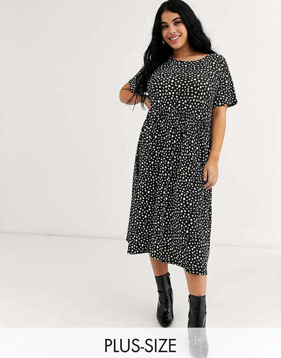 Dresses * | Wednesday'S Girl Curve Midi Smock Dress In Smudge Spot Print For Women Black