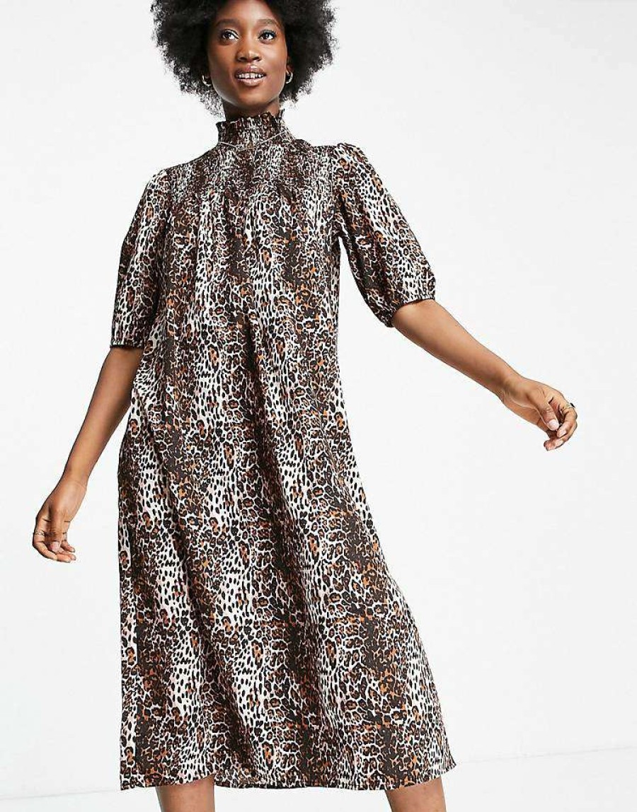 Dresses * | Wednesday'S Girl High Neck Midi Smock Dress With Shirring In For Women Grunge Leopard