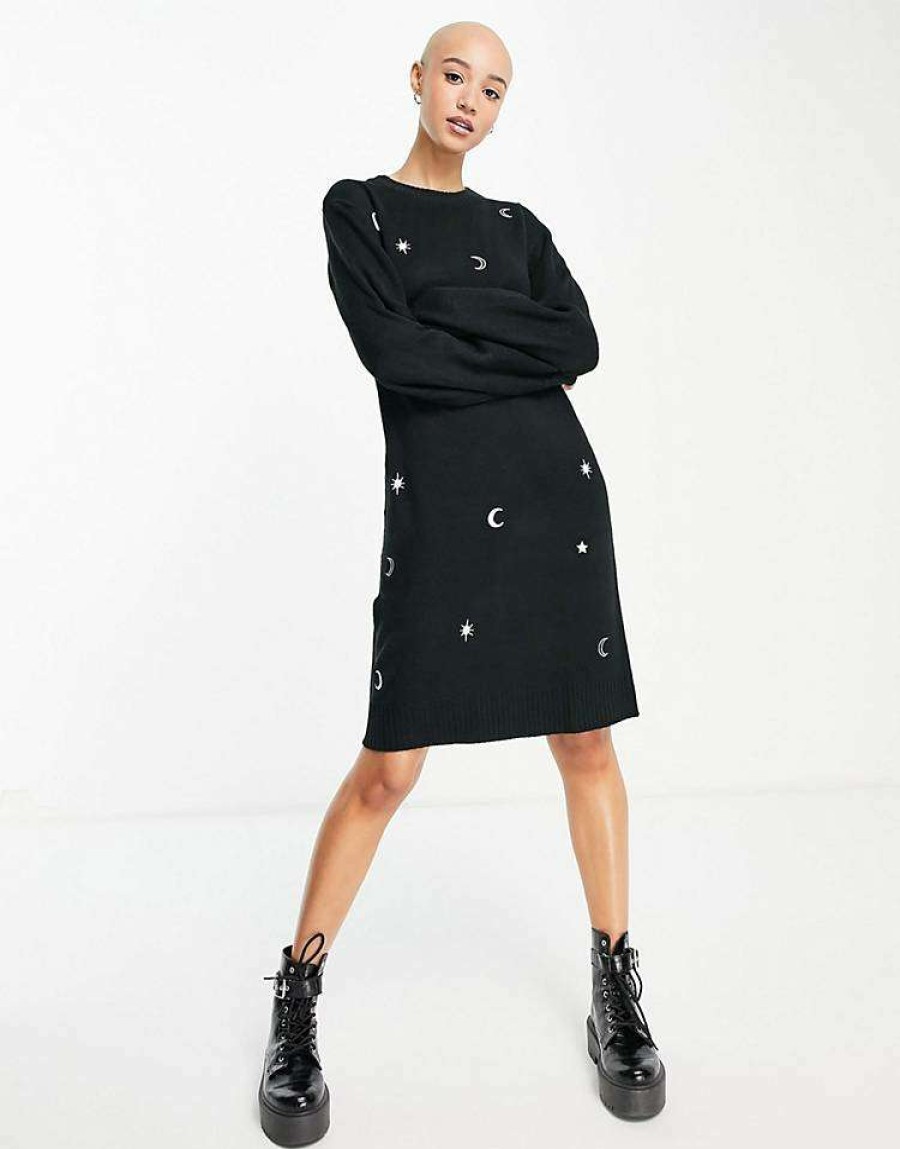 Dresses * | Wednesday'S Girl Relaxed Jumper Dress With Celestial Embroidery For Women Black