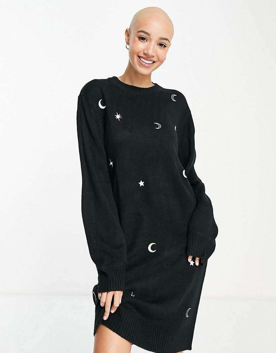 Dresses * | Wednesday'S Girl Relaxed Jumper Dress With Celestial Embroidery For Women Black