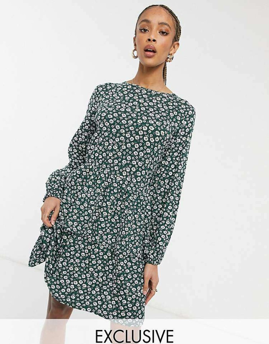 Dresses * | Wednesday'S Girl Long Sleeve Smock Dress In Vintage Floral For Women Dark Green