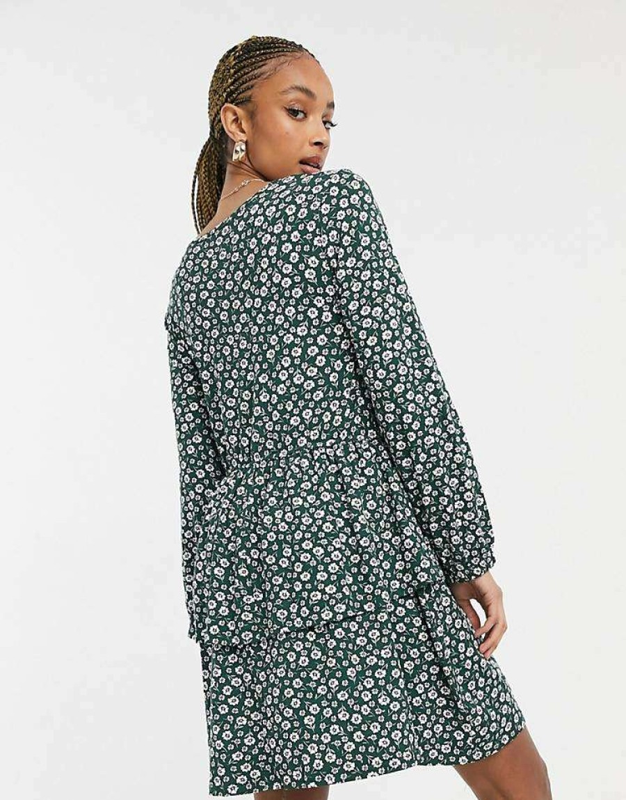 Dresses * | Wednesday'S Girl Long Sleeve Smock Dress In Vintage Floral For Women Dark Green