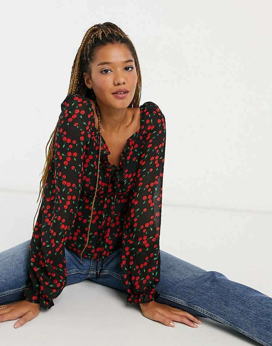 Tops * | Wednesday'S Girl Milkmaid Top In Cherry Print For Women Black Red Cherry