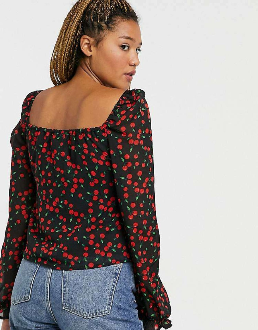 Tops * | Wednesday'S Girl Milkmaid Top In Cherry Print For Women Black Red Cherry