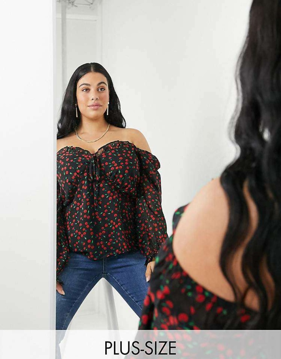 Tops * | Wednesday'S Girl Curve Milkmaid Top In Cherry Print For Women Black Red Cherry