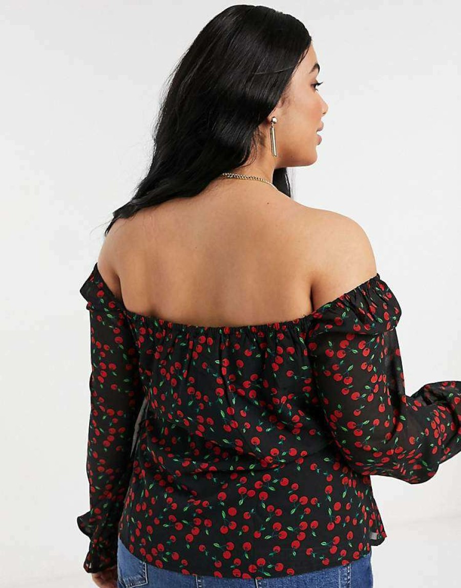 Tops * | Wednesday'S Girl Curve Milkmaid Top In Cherry Print For Women Black Red Cherry