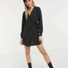 Dresses * | Wednesday'S Girl Long Sleeve Mini Wrap Dress In Washed Denim For Women Washed Black