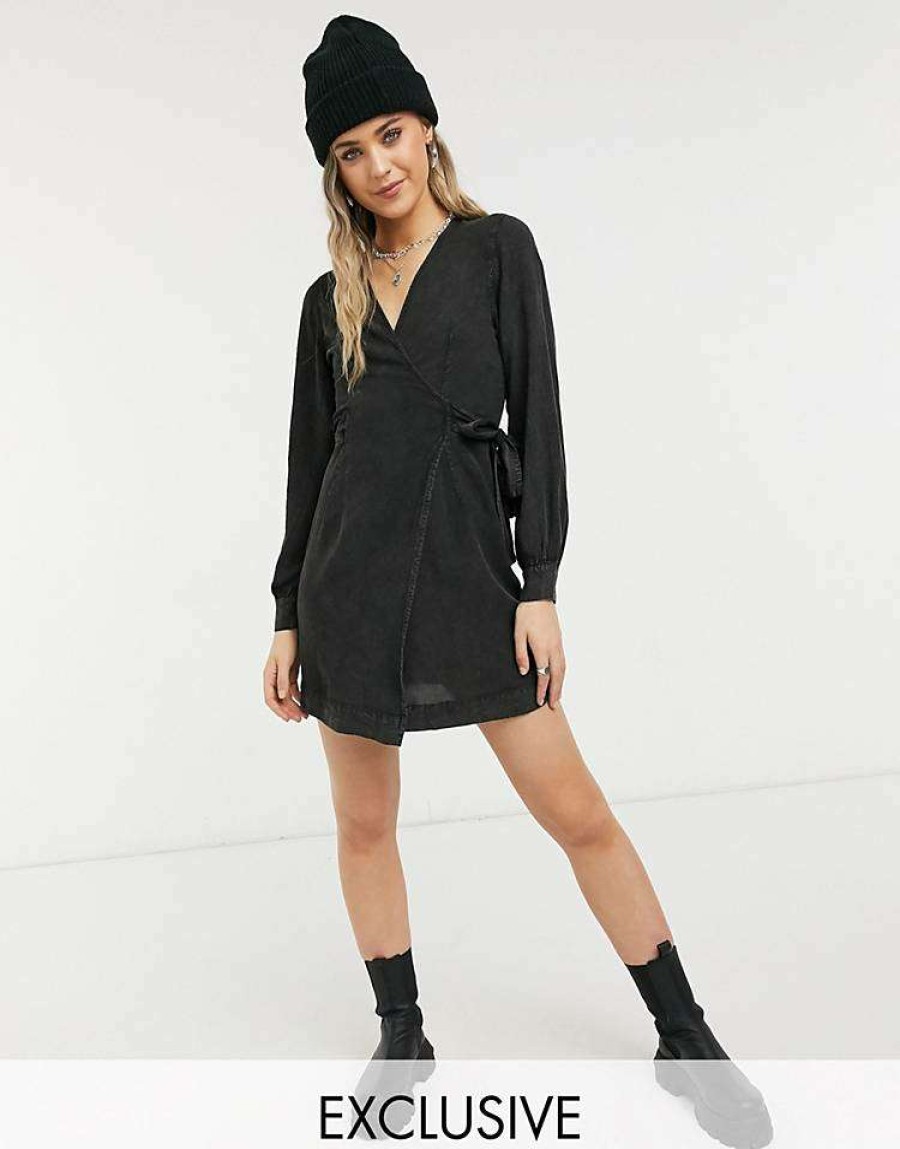 Dresses * | Wednesday'S Girl Long Sleeve Mini Wrap Dress In Washed Denim For Women Washed Black