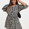 Dresses * | Wednesday'S Girl Curve Belted Mini Dress With Puff Sleeves In Dalmatian Spot For Women Beige Dalmatian