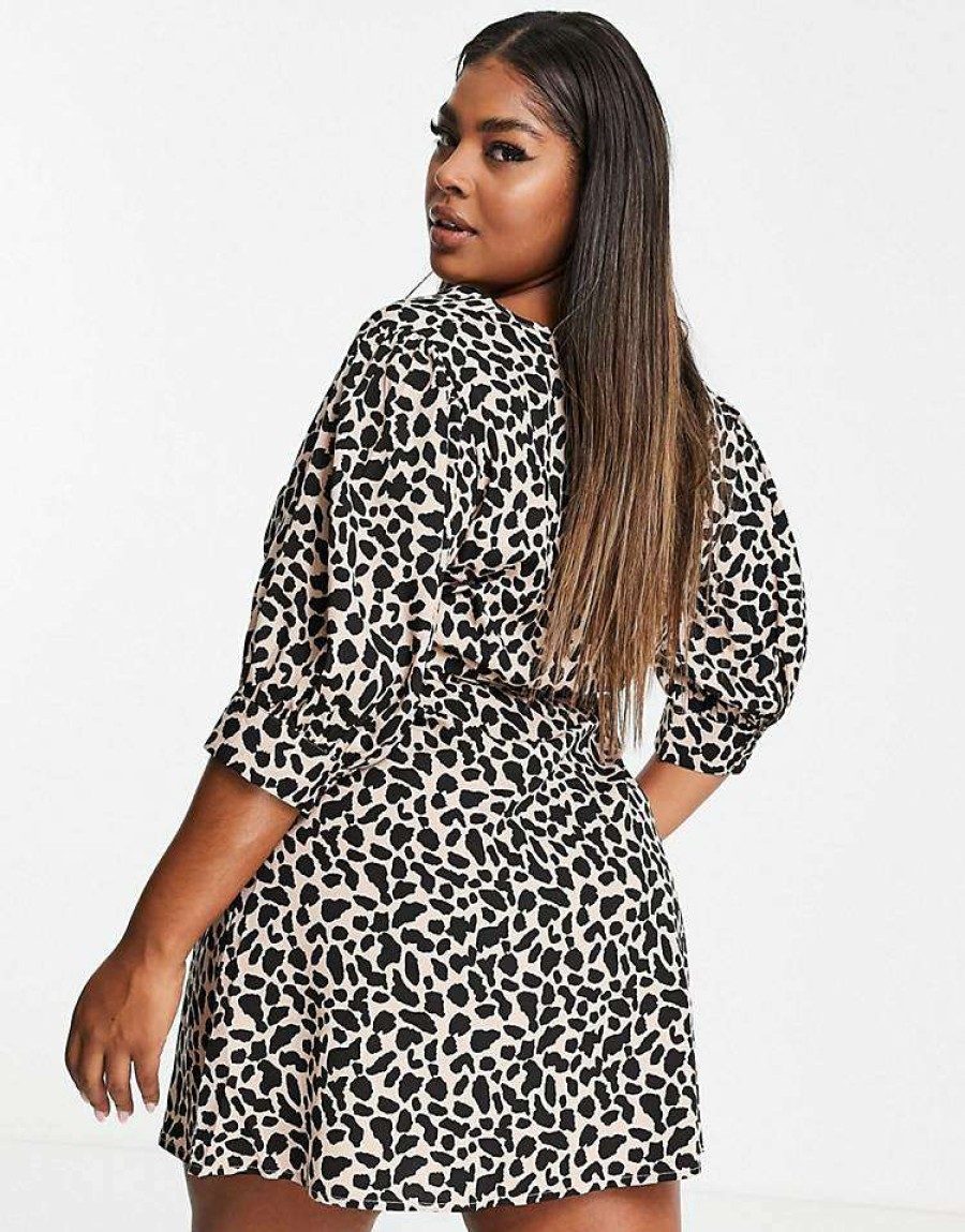 Dresses * | Wednesday'S Girl Curve Belted Mini Dress With Puff Sleeves In Dalmatian Spot For Women Beige Dalmatian