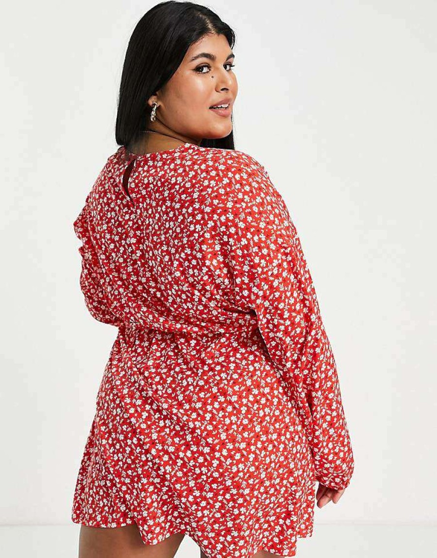 Dresses * | Wednesday'S Girl Curve Long Sleeve Tie Waist Swing Dress In For Women Red Ditsy Floral