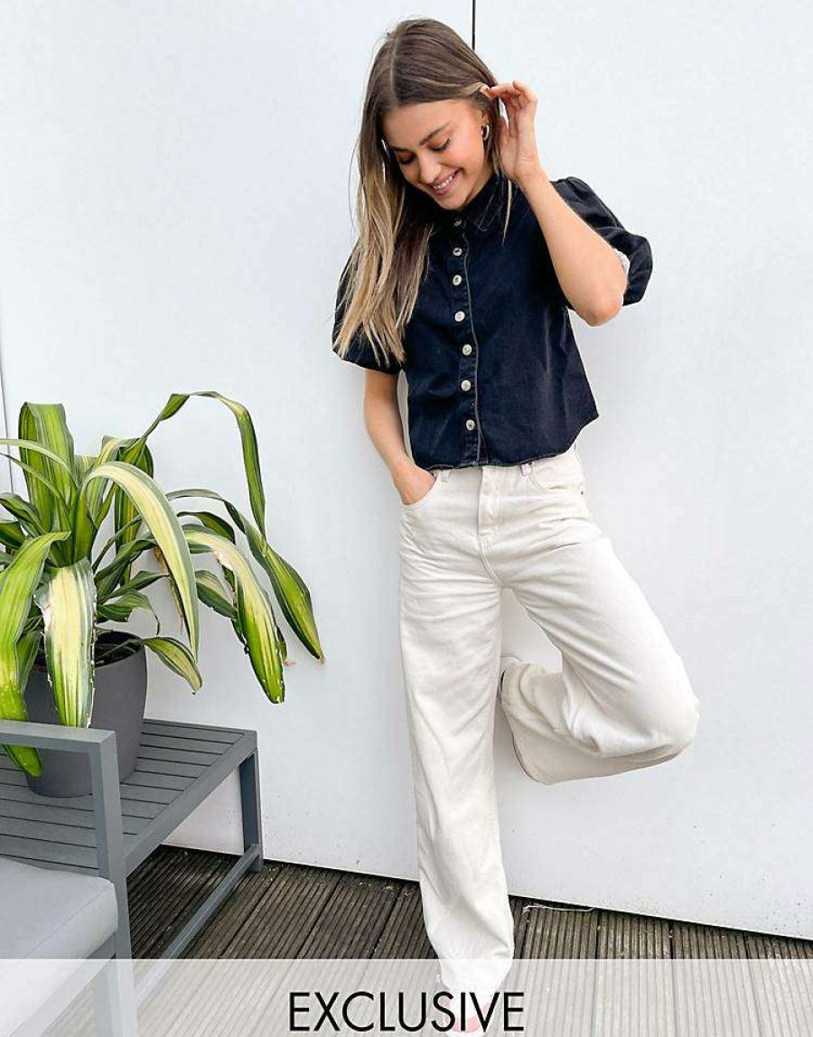 Tops * | Wednesday'S Girl Shirt With Puff Sleeves And Vintage Buttons In Denim For Women Washed Black Denim