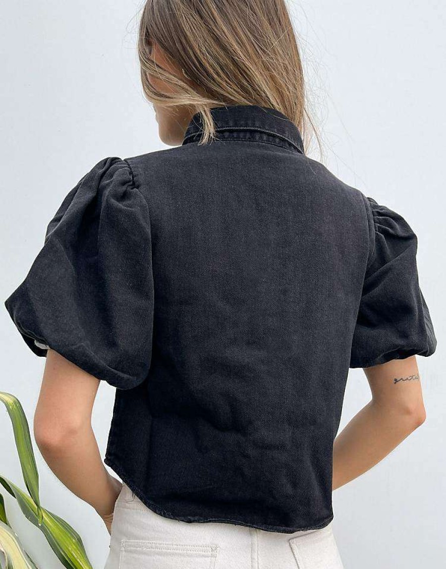 Tops * | Wednesday'S Girl Shirt With Puff Sleeves And Vintage Buttons In Denim For Women Washed Black Denim