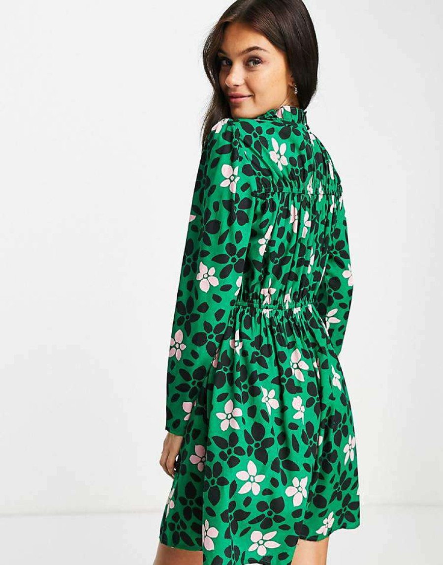 Dresses * | Wednesday'S Girl High Neck Ruched Bust Long Sleeve Mini Tea Dress In For Women Green Floral