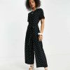 All In Ones * | Wednesday'S Girl Relaxed Belted Jumpsuit With Wide Leg In Polka Dot For Women Black White Polka