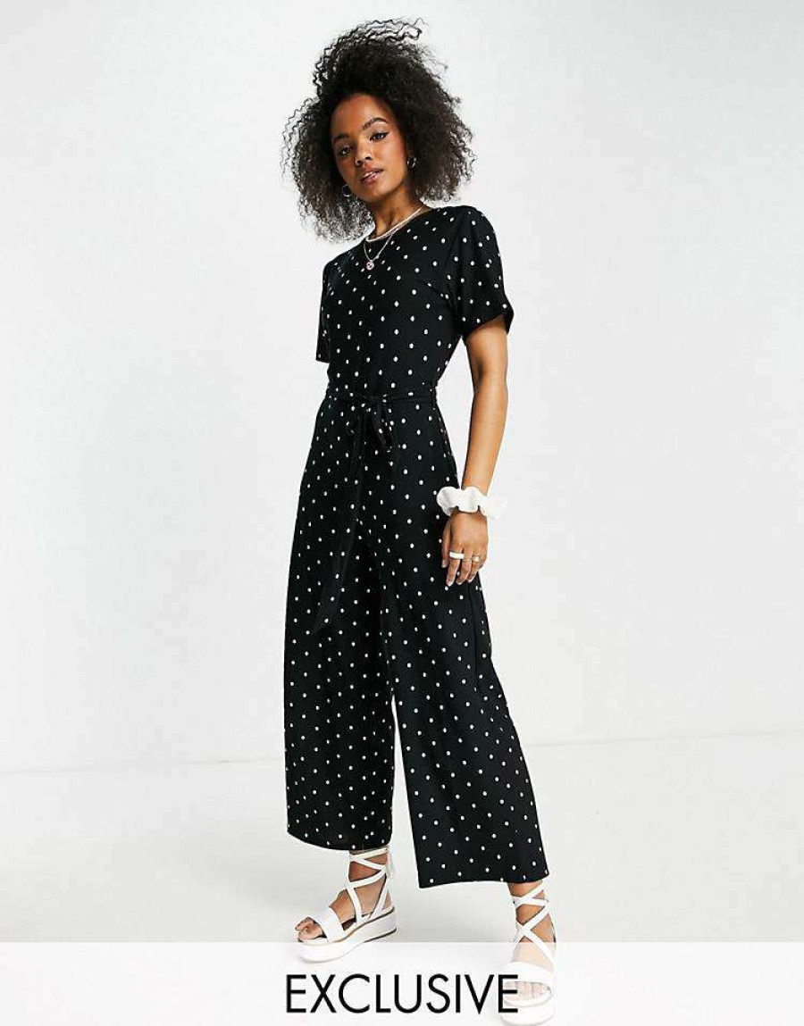 All In Ones * | Wednesday'S Girl Relaxed Belted Jumpsuit With Wide Leg In Polka Dot For Women Black White Polka