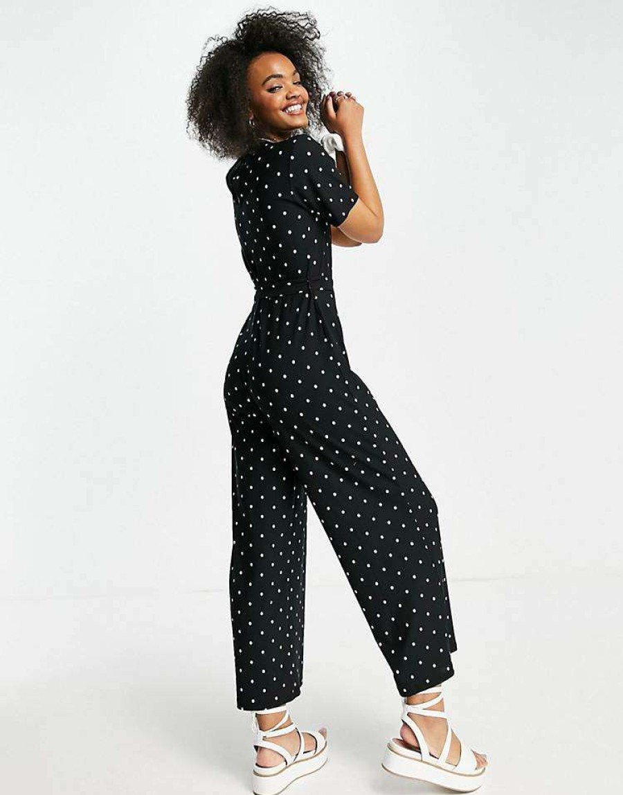 All In Ones * | Wednesday'S Girl Relaxed Belted Jumpsuit With Wide Leg In Polka Dot For Women Black White Polka