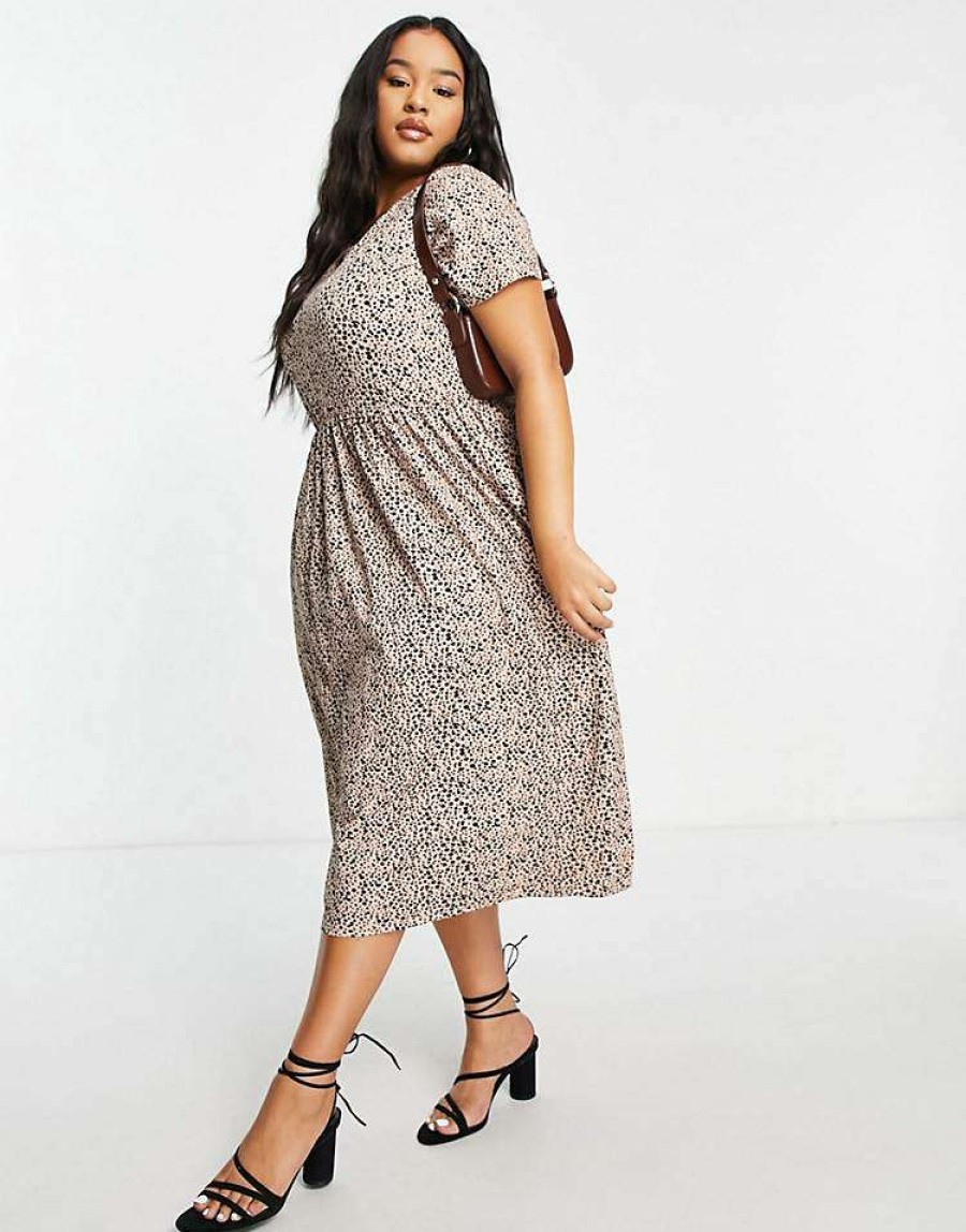 Dresses * | Wednesday'S Girl Curve Midi Smock Dress In Smudge Spot Print For Women Beige Smudge Spot