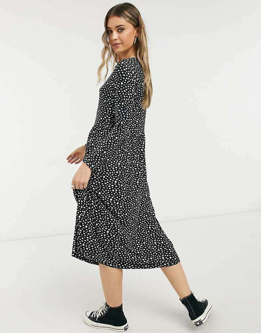 Dresses * | Wednesday'S Girl Long Sleeve Midi Smock Dress In Smudge Spot Print For Women Black Smudge Spot