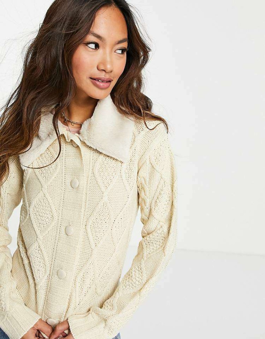 Knitwear & Sweats * | Wednesday'S Girl Cardigan With Faux Fur Collar For Women Beige