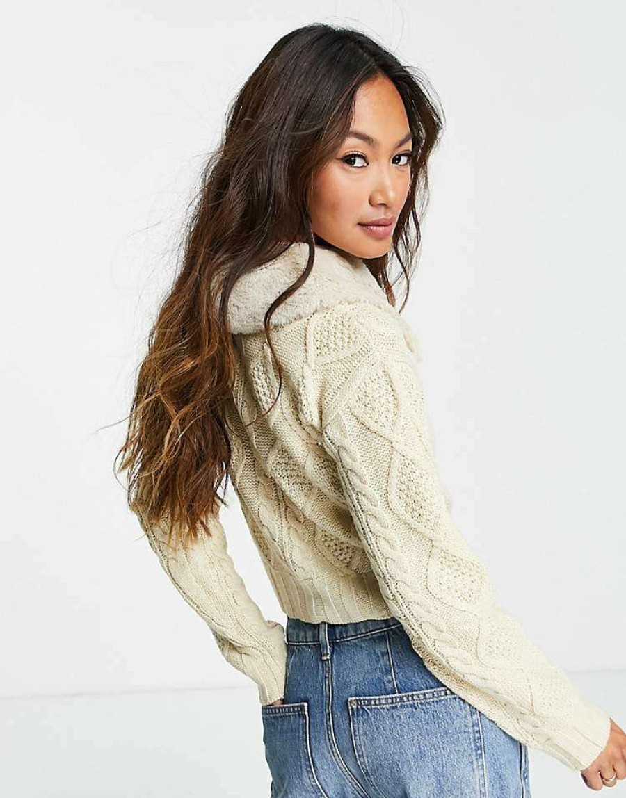 Knitwear & Sweats * | Wednesday'S Girl Cardigan With Faux Fur Collar For Women Beige