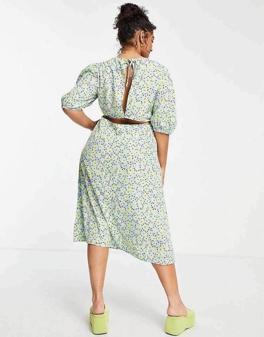 Dresses * | Wednesday'S Girl Curve Midi Shift Dress In For Women Blue Yellow Floral