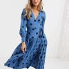 Dresses * | Wednesday'S Girl Midi Wrap Dress With Pleated Skirt In Large Scale Spot For Women Blue Black Spot