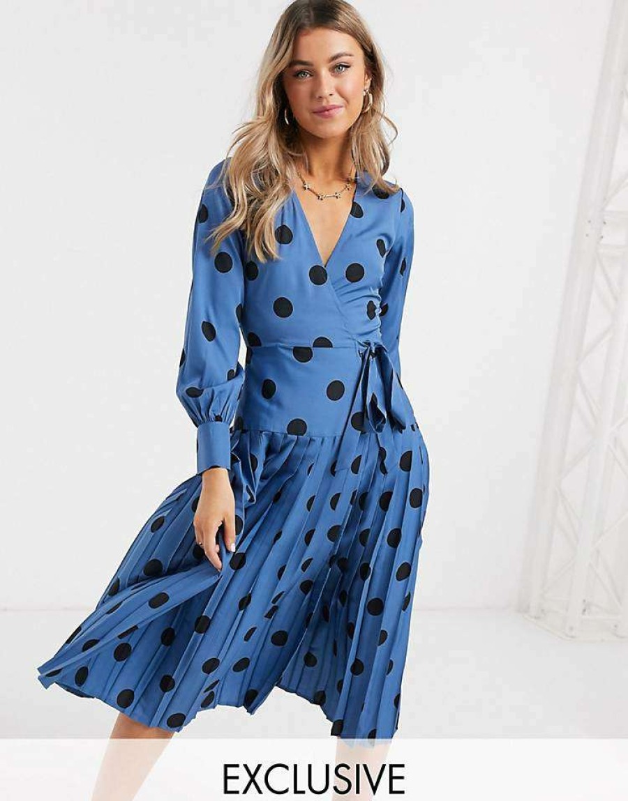 Dresses * | Wednesday'S Girl Midi Wrap Dress With Pleated Skirt In Large Scale Spot For Women Blue Black Spot