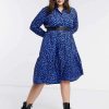 Dresses * | Wednesday'S Girl Curve Midi Shirt Dress With Tiered Skirt In Tonal Smudge Spot For Women Navy Smudge Spot