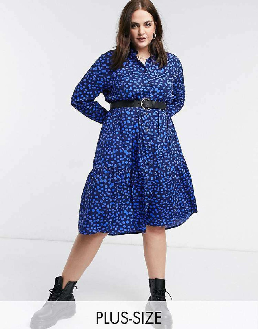 Dresses * | Wednesday'S Girl Curve Midi Shirt Dress With Tiered Skirt In Tonal Smudge Spot For Women Navy Smudge Spot