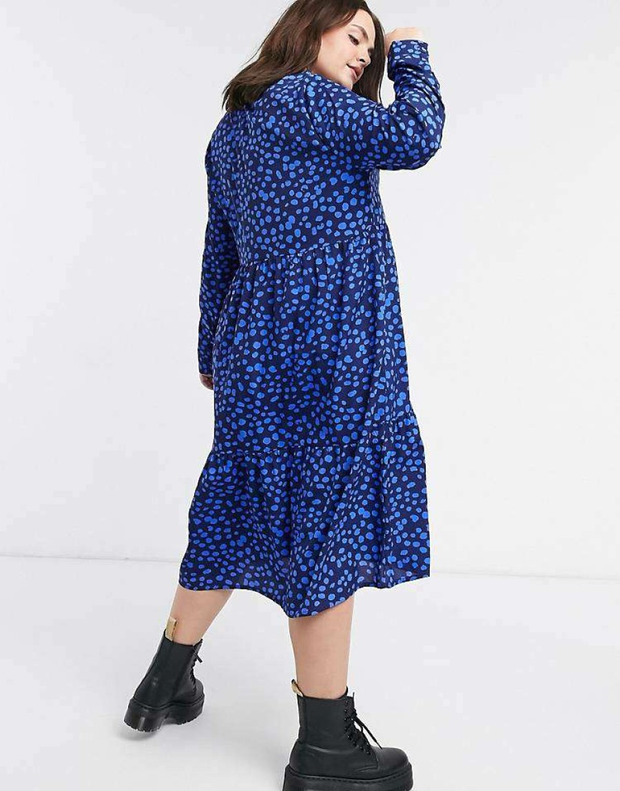 Dresses * | Wednesday'S Girl Curve Midi Shirt Dress With Tiered Skirt In Tonal Smudge Spot For Women Navy Smudge Spot