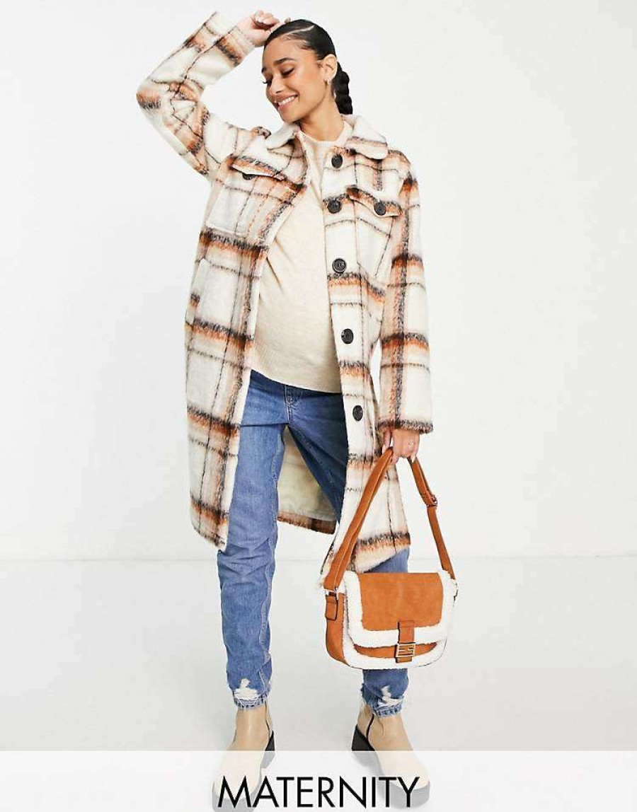 Outerwear * | Wednesday'S Girl Maternity Longline Coat In Vintage Check For Women Cream Brown Check