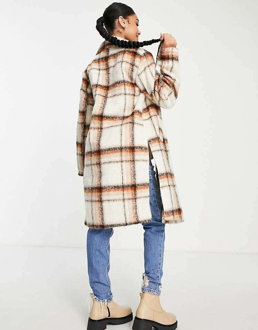 Outerwear * | Wednesday'S Girl Maternity Longline Coat In Vintage Check For Women Cream Brown Check