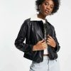 Outerwear * | Wednesday'S Girl Biker Jacket With Sherpa Collar In Faux Leather For Women Black