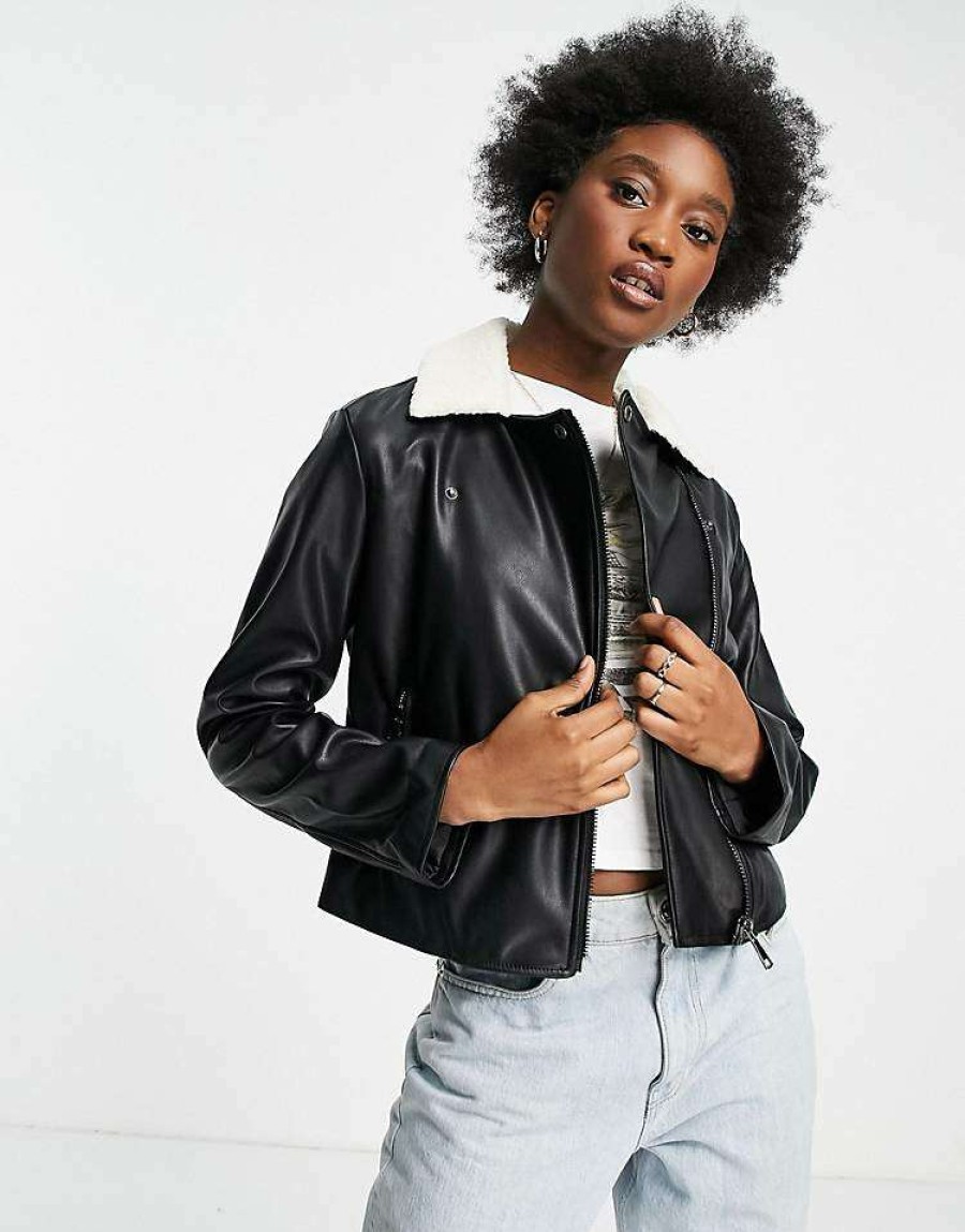 Outerwear * | Wednesday'S Girl Biker Jacket With Sherpa Collar In Faux Leather For Women Black